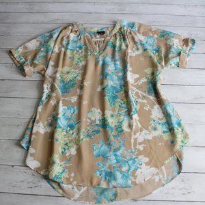 Worthington Women's Silky Tunic Top Size XL Tan Blue Floral Short Sleeves